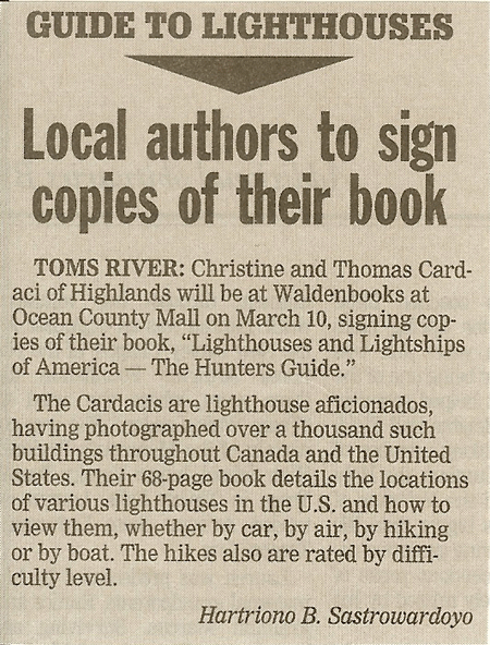 Asbury Park Press' notice on The Lighthouse Hunters Christine & Tom Cardaci
