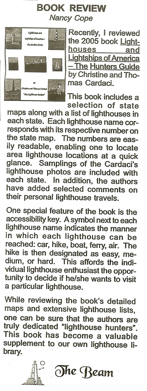 The Beam's Book Review on The Lighthouse Hunters' book Lighthouses and Lightships of America--The Hunters Guide